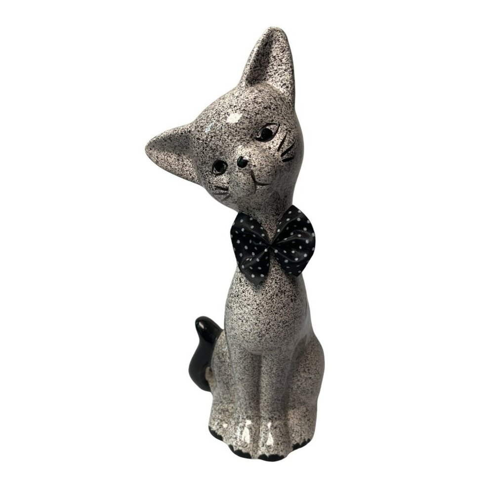 Vintage Speckled Ceramic Siamese Cat Polka-dot Bow 11”T